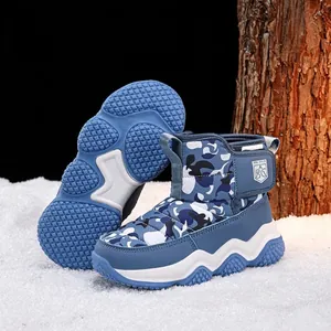Blue camouflage children's snow boots with thick fleece lining and non-slip wavy soles