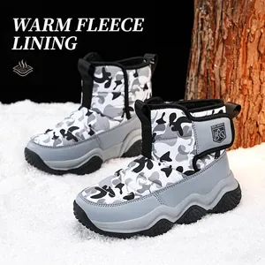 Kids camouflage snow boots with thick plush lining and water-repellent material
