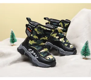Kids camouflage snow boots with warm fur lining and non-slip sole for winter.
