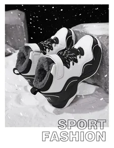 Close-up of boys' outdoor winter sneakers with warm fleece lining and Velcro strap.