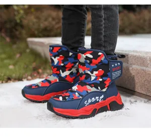 Detailed view of children's camouflage snow boots featuring thick anti-slip rubber soles