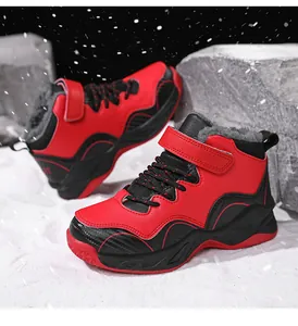 Boys' winter warm fleece-lined basketball shoes shown in a snowy outdoor scene.