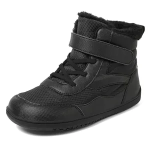 Black waterproof children's snow boots with fleece lining and adjustable strap for winter