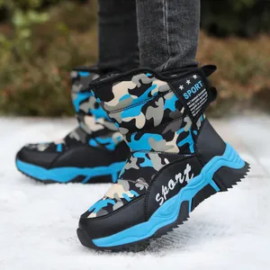 Durable children's winter snow boots featuring blue camouflage pattern and warm lining