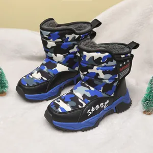Blue camouflage kids' winter snow boots with thick fleece lining and anti-slip soles.