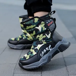 Camo print winter snow boots for kids featuring thick anti-slip soles and plush lining