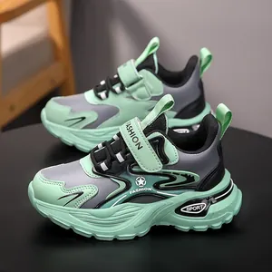 Boys' autumn mint green leather sports sneakers with soft anti-slip soles and velcro