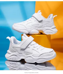 Close-up of white breathable children's running shoes with comfortable soft soles