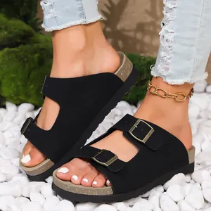 Damen Retro PU Leder Doppel Gürtelschnalle Pantoletten Dicke Weiche Sohle Birkenstock Stil Sandalen Lässig Outdoor Hausschuhe