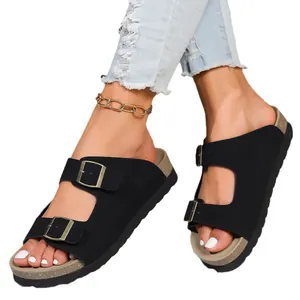 Lässige schwarze Damen-Sandalen mit Doppel-Schnalle und dicker Softsohle im Retro-Stil