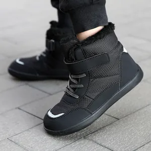 Black children's high-top winter snow boots with thick fleece lining for warmth.