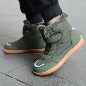 Olive green kids high-top snow boots with warm faux fur lining and non-slip tan rubber soles.