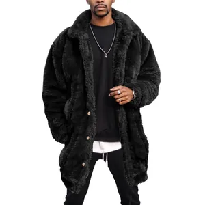 Stylish men's winter long faux shearling coat in warm black plush teddy material