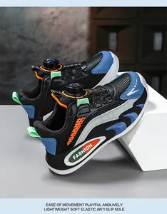 Detailed view of boys' breathable mesh sports shoes featuring a rotary buckle system.