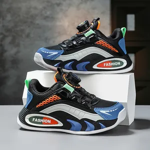 Children's sports shoes with rotating buckle and breathable mesh in black and blue design