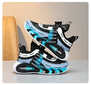 Close-up of blue and black kids' winter running shoes with a rotating dial lace system.