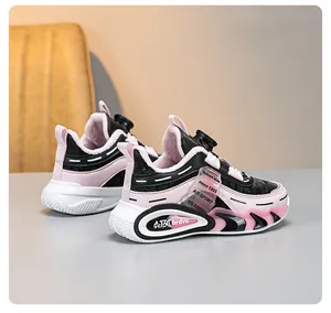 Detailed view of pink and black kids' sneakers with warm velvet lining and knob buckle