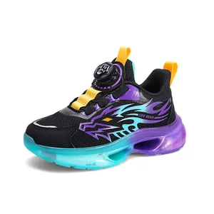 Stylish boys' mesh sports running shoes featuring a rotating buckle and vibrant purple sole