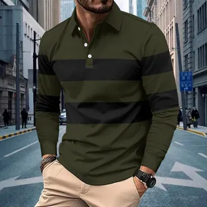 Close-up of olive green and black striped long-sleeved Polo shirt for men in urban setting