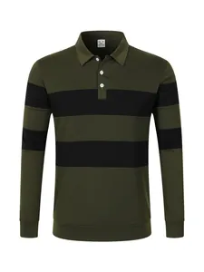 Detailed front view of men's olive green and black striped long sleeve polo shirt