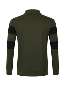 Back view detail of men's olive green long sleeve polo shirt with black stripes