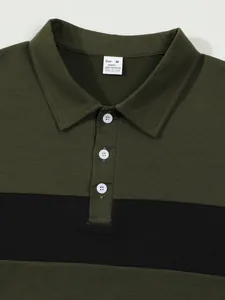 Detailed close-up view of olive green polo shirt collar with striped pattern and buttons