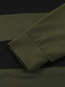 Close-up of olive green and black striped sleeve cuff showing fabric texture
