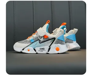 Detailed side view of breathable mesh children's sneakers in blue and orange