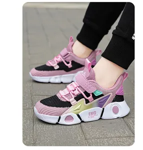 Detail view of pink and black breathable mesh kids sneakers with comfortable soft cushioned sole
