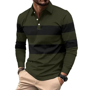 Men's long-sleeve casual polo shirt with olive green and black stripes and lapel
