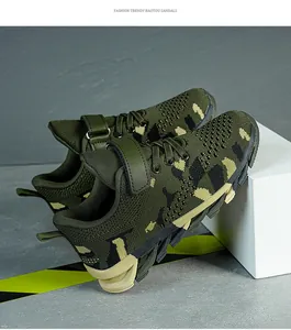 Close-up of breathable camouflage mesh running shoes for boys' military training