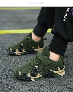 Side view of boys camouflage running shoes with breathable mesh and velcro strap