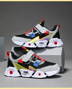 Professional breathable mesh kids sports shoes for boys with hook and loop strap closure