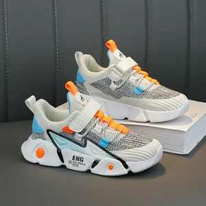 Breathable children's mesh running sneakers in white with orange and blue accents