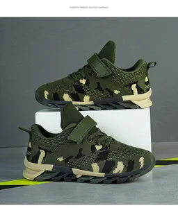 Durable kids camouflage running shoes with breathable mesh and secure velcro straps
