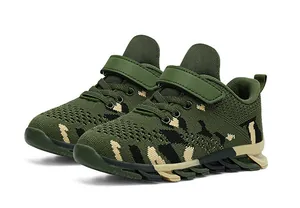 Detail view of children's green camouflage breathable mesh sneakers for active boys