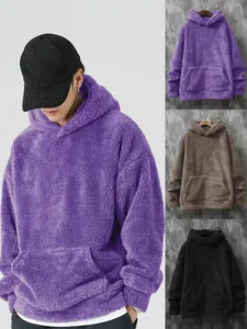 Men's Casual Sherpa Fleece Hoodie Solid Color Long Sleeve Pullover Sweatshirt With Kangaroo Pocket Loose Fit Autumn Winter Warm Top