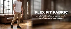 Detail shot of men's khaki cargo joggers in flexible rayon-nylon blend fabric for comfort