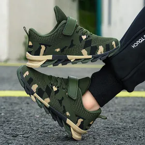 Boys' camouflage breathable mesh running sneakers with velcro for outdoor sports