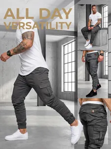 Detailed shots of charcoal grey men's cargo joggers with drawstring waist and pockets