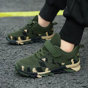 Breathable camouflage running shoes for boys featuring mesh upper and velcro strap