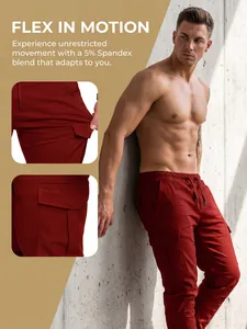 Red men's cargo pants detail showing 5% spandex blend stretch fabric