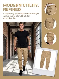 Detailed views of khaki men's cargo jogger pants featuring utility pockets and elastic cuffs