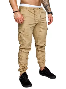 Detailed view of khaki men's cargo pants with drawstring waist and elastic cuffs