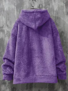 Detailed back view of men's purple sherpa fleece hooded sweatshirt with soft texture