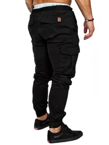 Detailed back view of men's solid black cargo jogger pants with elastic cuffs and pockets