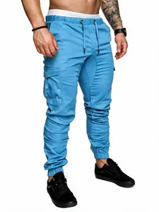 Detailed view of light blue men's cargo jogger pants with functional side pockets