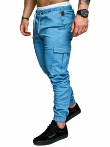 Men's light blue cargo jogger pants featuring drawstring waist and large side pockets
