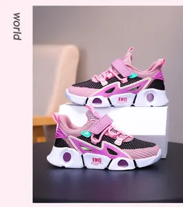 Pink and black breathable mesh children's sneakers with Velcro straps and lightweight soles