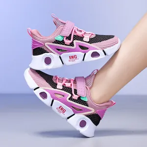 Pink and black breathable hollow-out girls sports sneakers with adjustable velcro strap